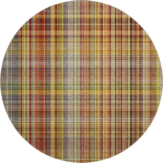 8' Rust Gold And Green Plaid Washable Round Rug With UV Protection Photo 1