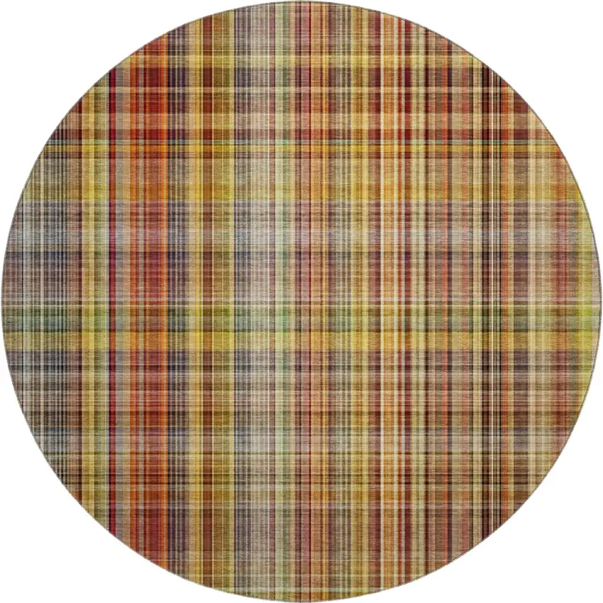 8' Rust Gold And Green Plaid Washable Round Rug With UV Protection Photo 1