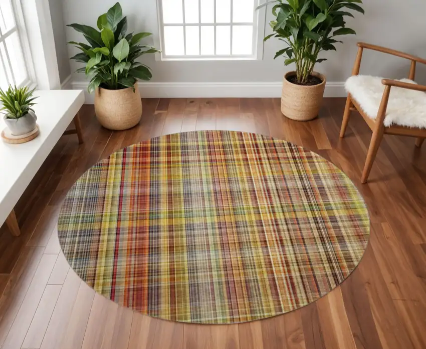 8' Rust Gold And Green Plaid Washable Round Rug With UV Protection Photo 2