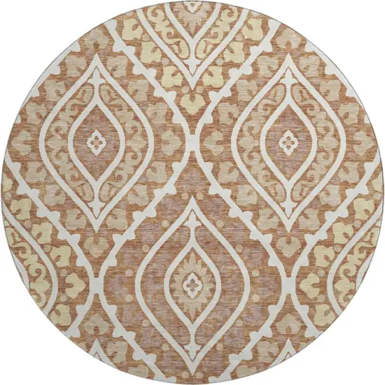8' Rust Gold And Ivory Diamond Washable Round Rug With UV Protection Photo 1