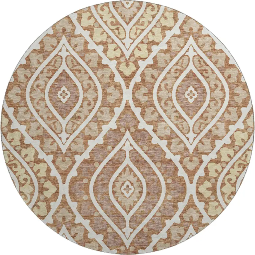 8' Rust Gold And Ivory Diamond Washable Round Rug With UV Protection Photo 1