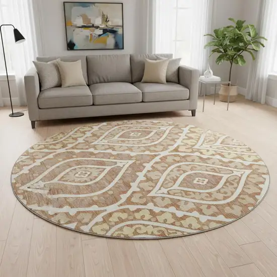 8' Rust Gold And Ivory Diamond Washable Round Rug With UV Protection Photo 2