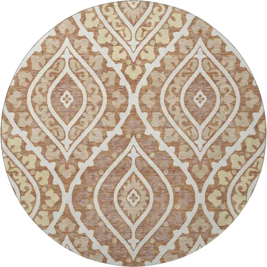 8' Rust Gold And Ivory Diamond Washable Round Rug With UV Protection Photo 4