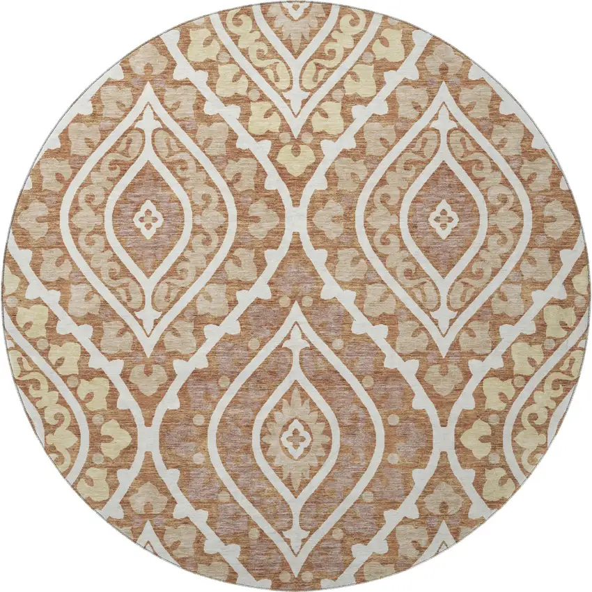 8' Rust Gold And Ivory Diamond Washable Round Rug With UV Protection Photo 4