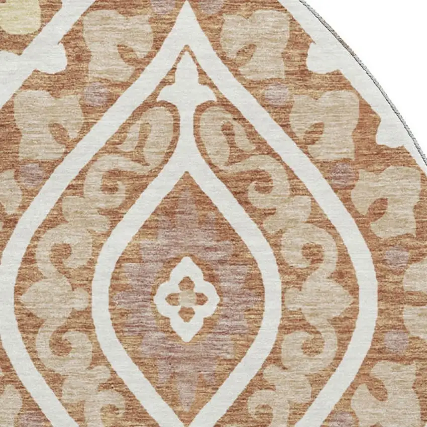 8' Rust Gold And Ivory Diamond Washable Round Rug With UV Protection Photo 3