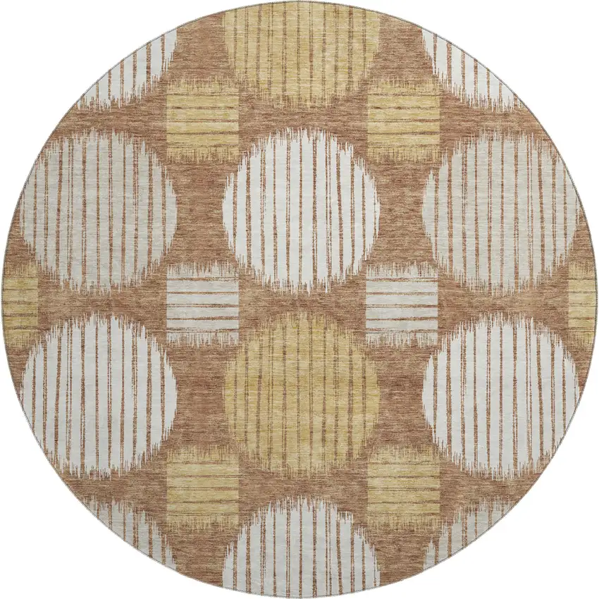 8' Rust Gold And Ivory Geometric Washable Round Rug With UV Protection Photo 1