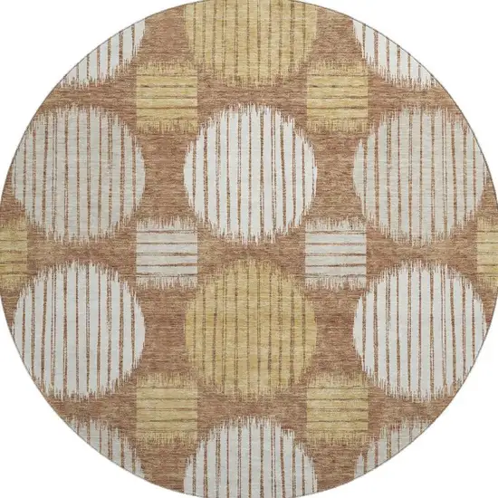 8' Rust Gold And Ivory Geometric Washable Round Rug With UV Protection Photo 4