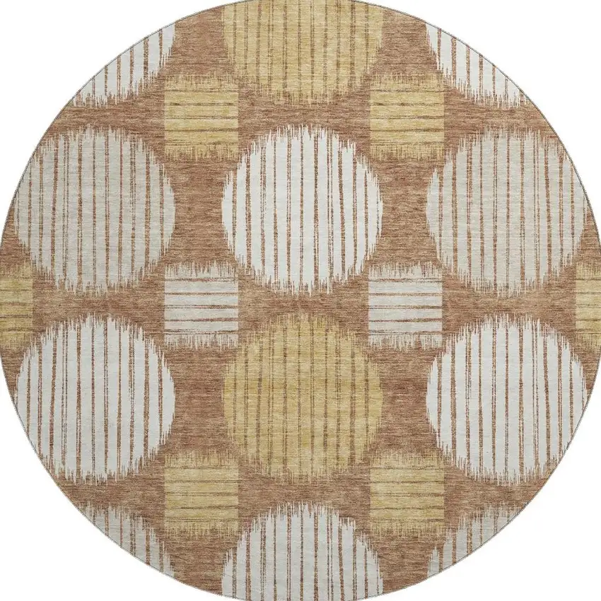 8' Rust Gold And Ivory Geometric Washable Round Rug With UV Protection Photo 4