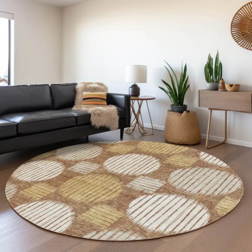 8' Rust Gold And Ivory Geometric Washable Round Rug With UV Protection Photo 5