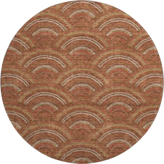 8' Rust Gold And Ivory Geometric Washable Round Rug With UV Protection Photo 1