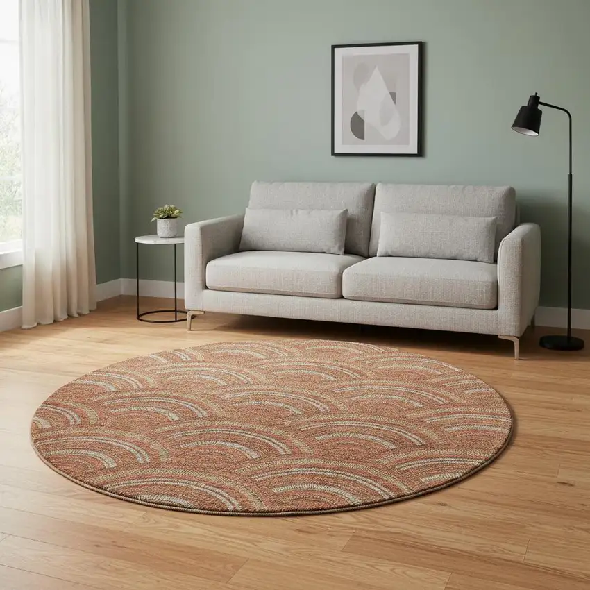 8' Rust Gold And Ivory Geometric Washable Round Rug With UV Protection Photo 2