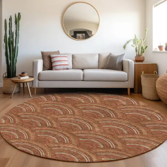 8' Rust Gold And Ivory Geometric Washable Round Rug With UV Protection Photo 5