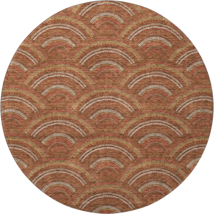 8' Rust Gold And Ivory Geometric Washable Round Rug With UV Protection Photo 3