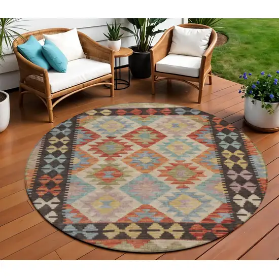 8' Rust Gold And Orange Round Tribal Washable Indoor Outdoor Area Rug Photo 2