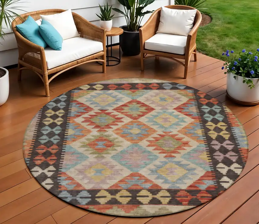 8' Rust Gold And Orange Round Tribal Washable Indoor Outdoor Area Rug Photo 2