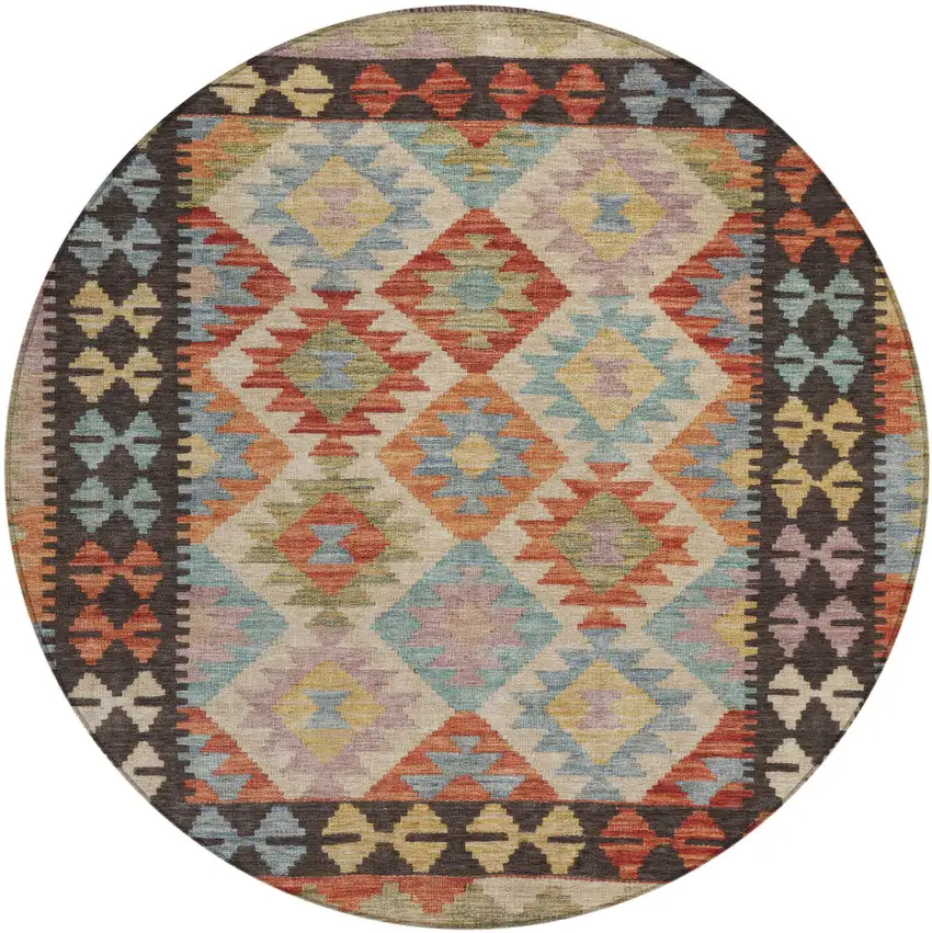 8' Rust Gold And Orange Round Tribal Washable Indoor Outdoor Area Rug Photo 1