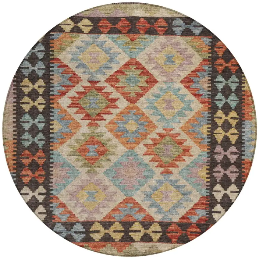 8' Rust Gold And Orange Round Tribal Washable Indoor Outdoor Area Rug Photo 3
