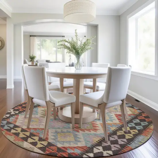 8' Rust Gold And Orange Round Tribal Washable Indoor Outdoor Area Rug Photo 6