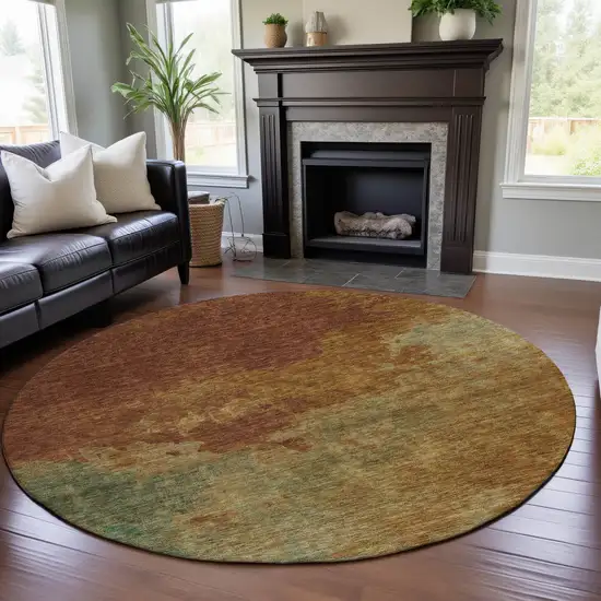 8' Rust Gold And Teal Abstract Washable Round Rug With UV Protection Photo 3