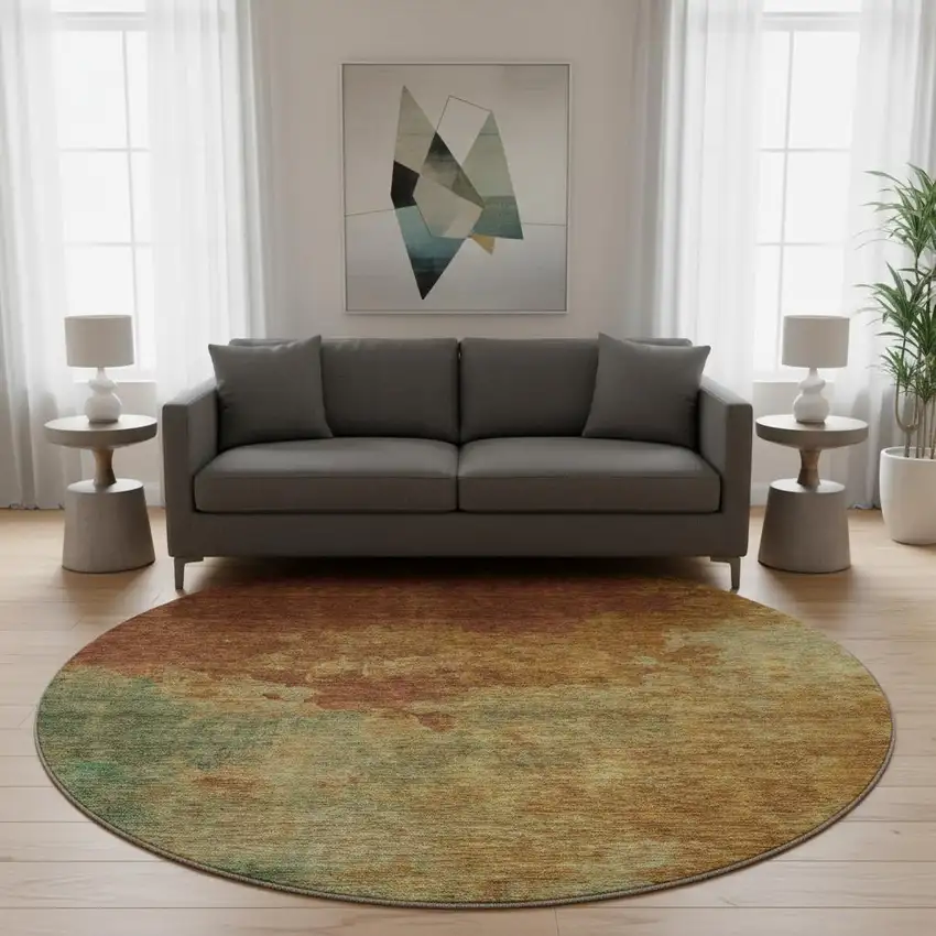 8' Rust Gold And Teal Abstract Washable Round Rug With UV Protection Photo 2