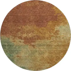 Photo of 8' Rust Gold And Teal Abstract Washable Round Rug With UV Protection