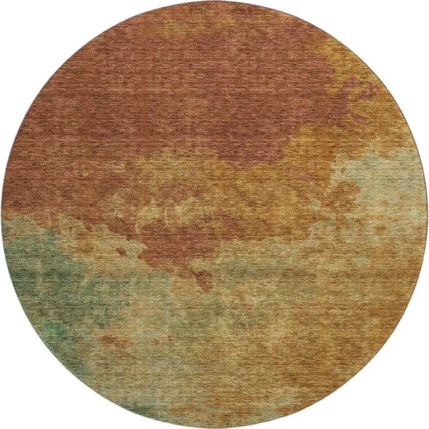 8' Rust Gold And Teal Abstract Washable Round Rug With UV Protection Photo 1