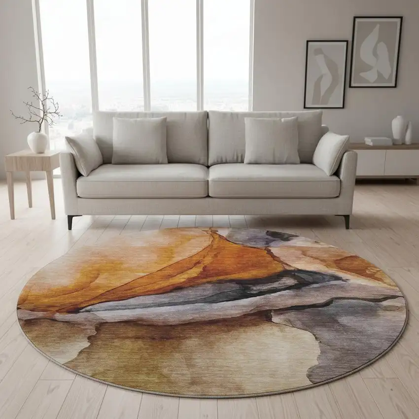 8' Rust Gray And Beige Abstract Washable Round Rug With UV Protection Photo 2