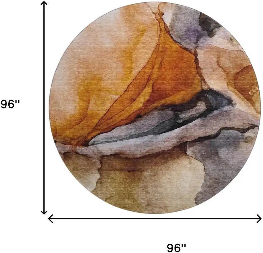 8' Rust Gray And Beige Abstract Washable Round Rug With UV Protection Photo 9