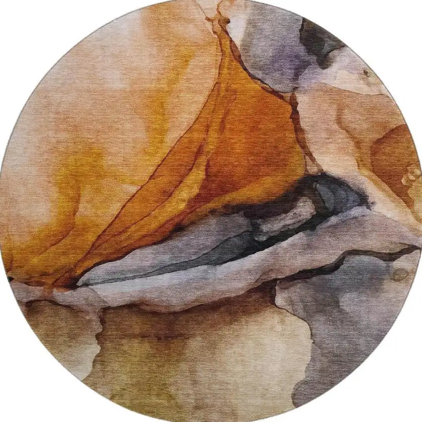 8' Rust Gray And Beige Abstract Washable Round Rug With UV Protection Photo 3