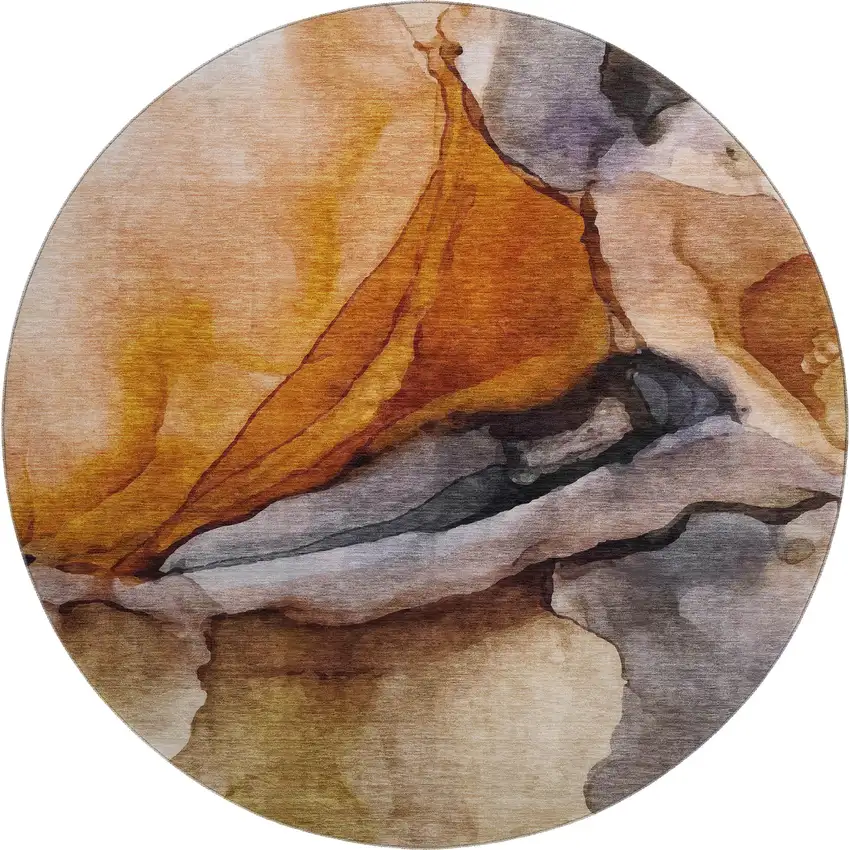 8' Rust Gray And Beige Abstract Washable Round Rug With UV Protection Photo 1