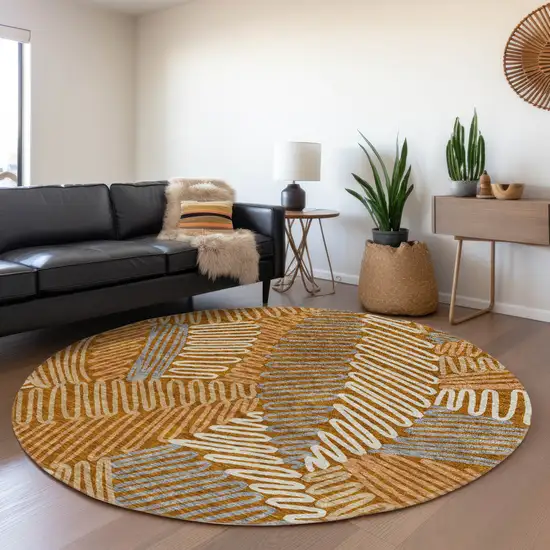 8' Rust Gray And Beige Floral Washable Round Rug With UV Protection Photo 5