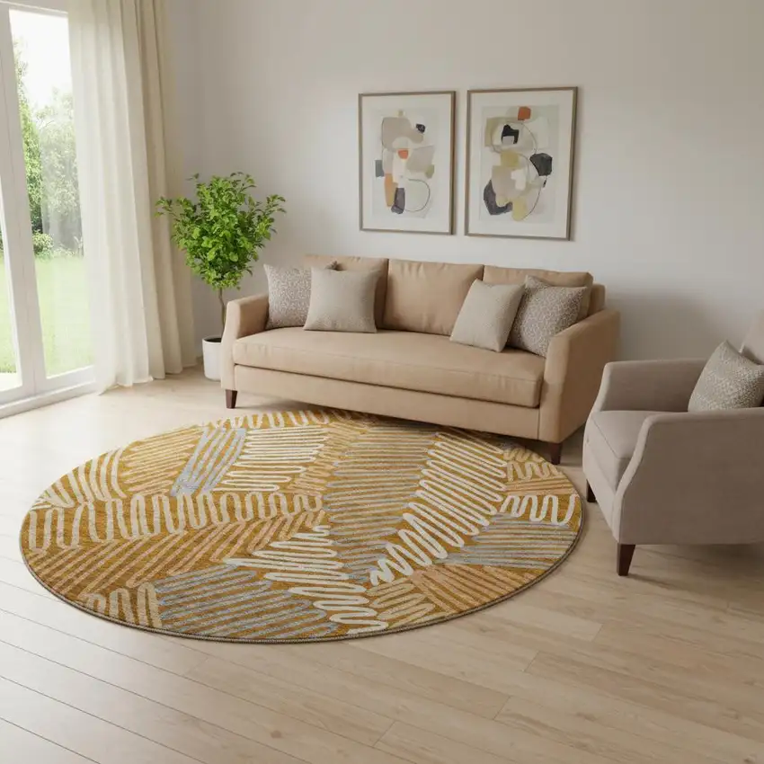 8' Rust Gray And Beige Floral Washable Round Rug With UV Protection Photo 1