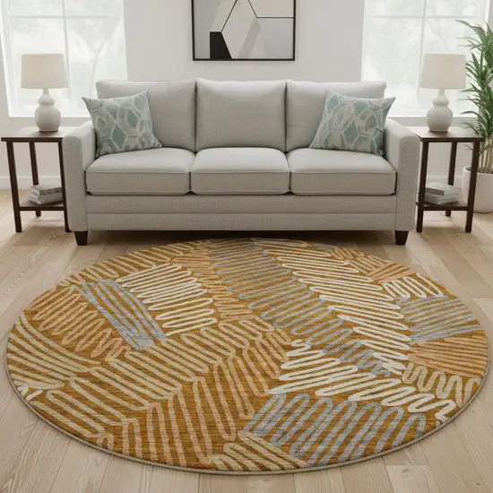 8' Rust Gray And Beige Floral Washable Round Rug With UV Protection Photo 2