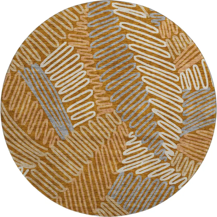 8' Rust Gray And Beige Floral Washable Round Rug With UV Protection Photo 1