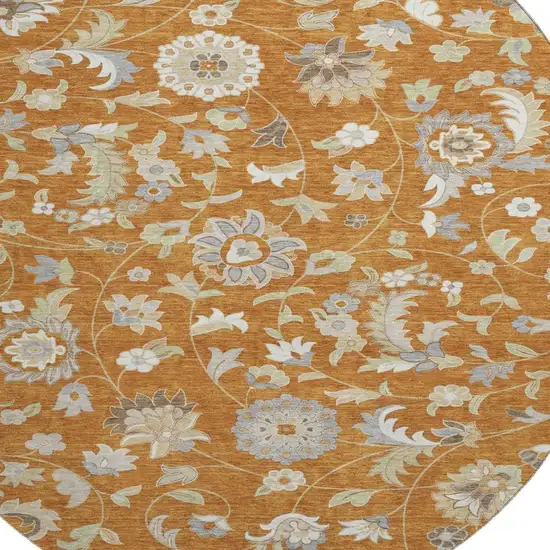 8' Rust Gray And Beige Floral Washable Round Rug With UV Protection Photo 2