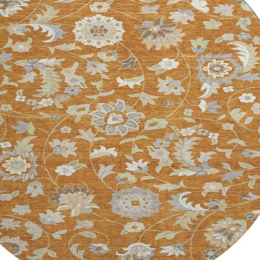 8' Rust Gray And Beige Floral Washable Round Rug With UV Protection Photo 2