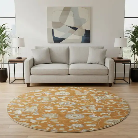 8' Rust Gray And Beige Floral Washable Round Rug With UV Protection Photo 2