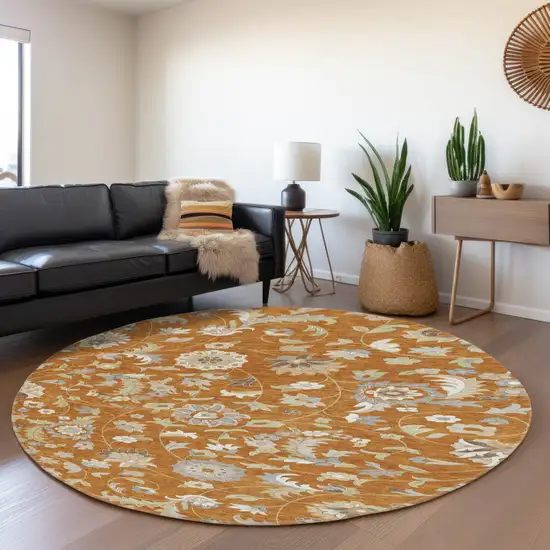 8' Rust Gray And Beige Floral Washable Round Rug With UV Protection Photo 4
