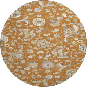Photo of 8' Rust Gray And Beige Floral Washable Round Rug With UV Protection
