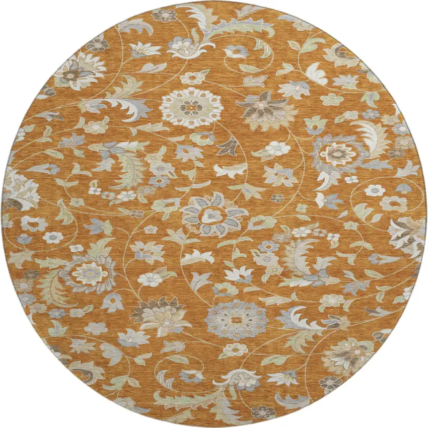 8' Rust Gray And Beige Floral Washable Round Rug With UV Protection Photo 1