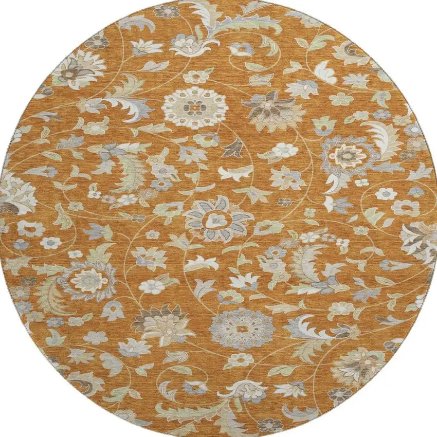 8' Rust Gray And Beige Floral Washable Round Rug With UV Protection Photo 3