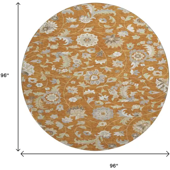 8' Rust Gray And Beige Floral Washable Round Rug With UV Protection Photo 9