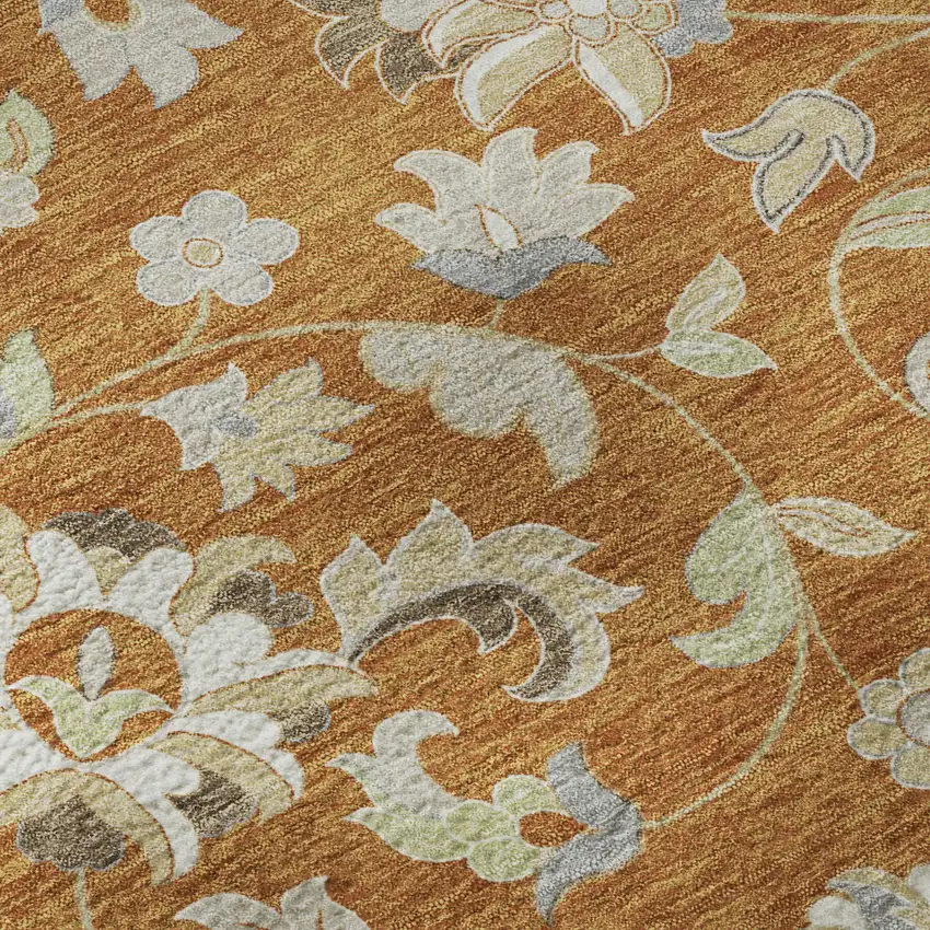 8' Rust Gray And Beige Floral Washable Round Rug With UV Protection Photo 8