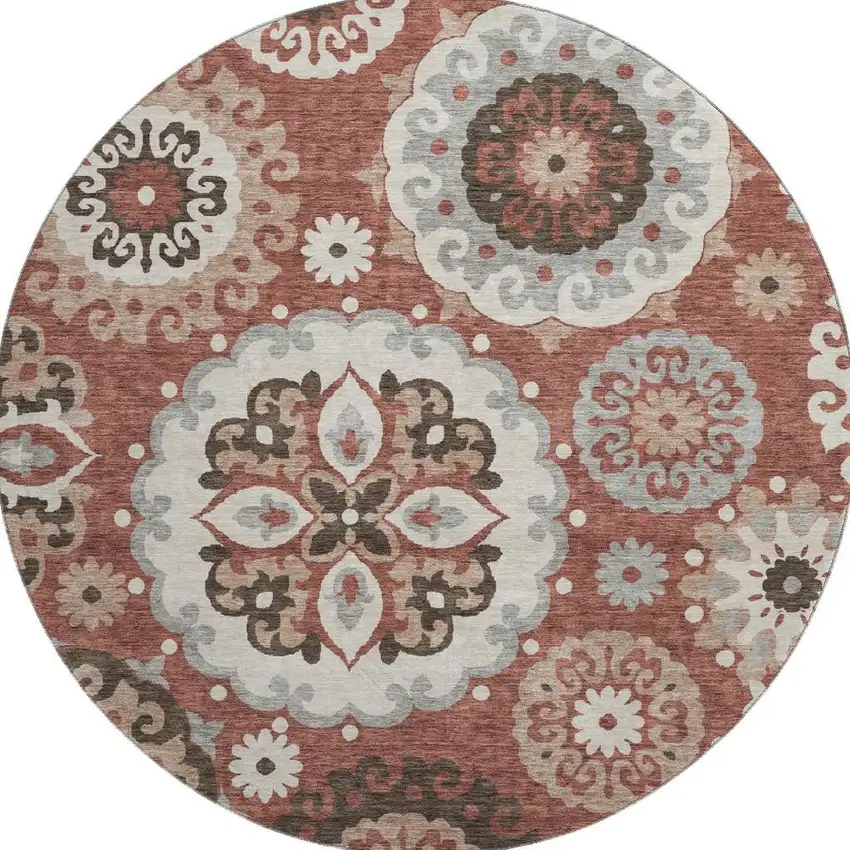 8' Rust Gray And Beige Medallion Washable Round Rug With UV Protection Photo 4