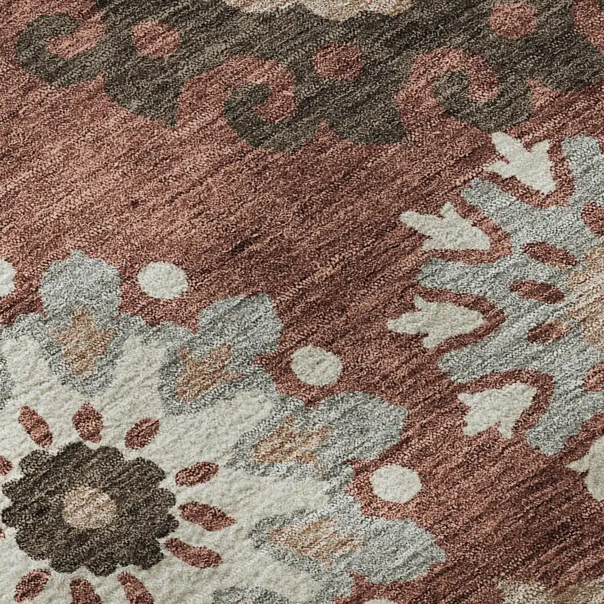 8' Rust Gray And Beige Medallion Washable Round Rug With UV Protection Photo 9