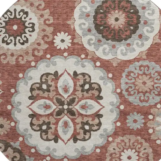 8' Rust Gray And Beige Medallion Washable Round Rug With UV Protection Photo 3