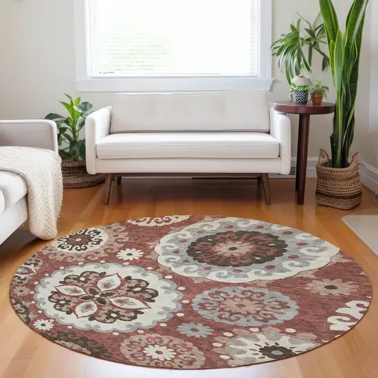 8' Rust Gray And Beige Medallion Washable Round Rug With UV Protection Photo 5