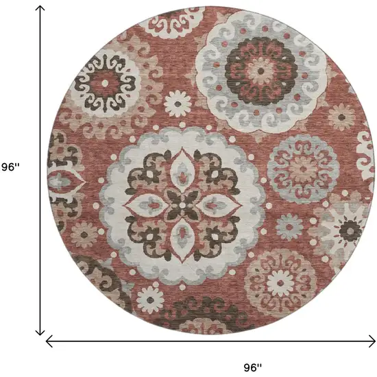8' Rust Gray And Beige Medallion Washable Round Rug With UV Protection Photo 3