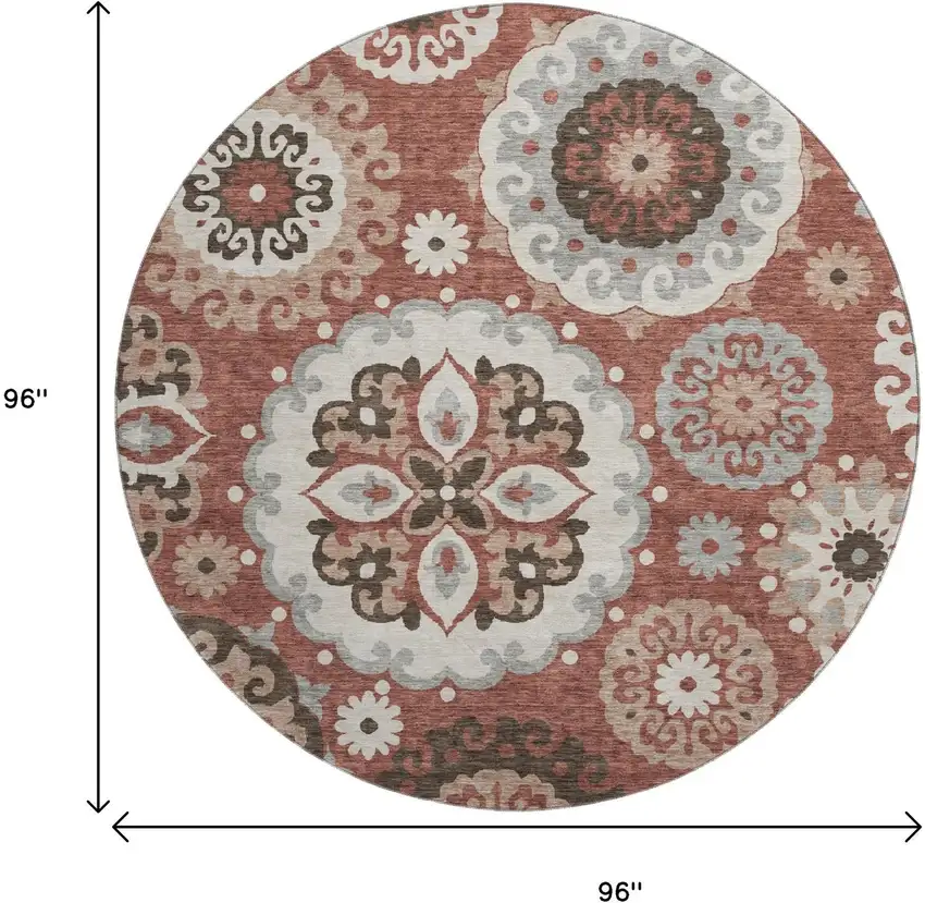 8' Rust Gray And Beige Medallion Washable Round Rug With UV Protection Photo 3