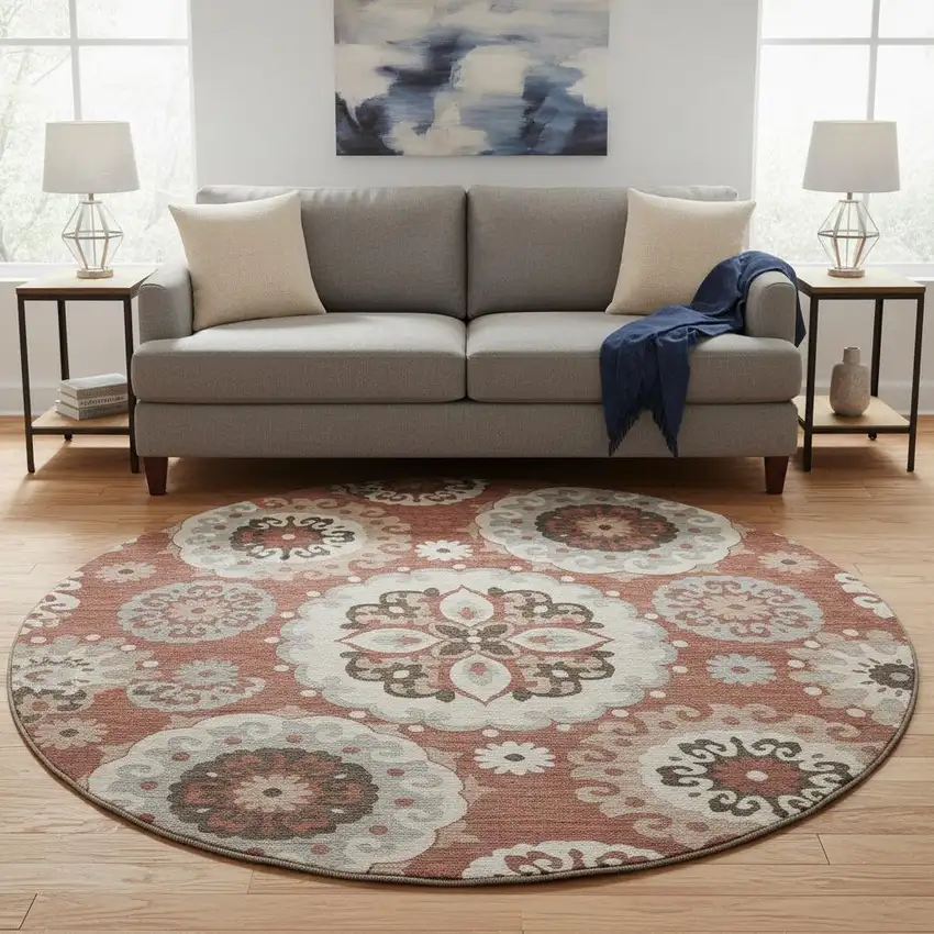 8' Rust Gray And Beige Medallion Washable Round Rug With UV Protection Photo 2